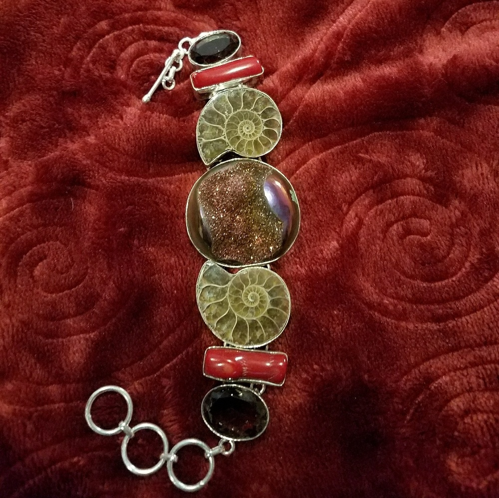 Silver ~ Drusy, Coral, Smoky Qtz, Fossil Bracelet
